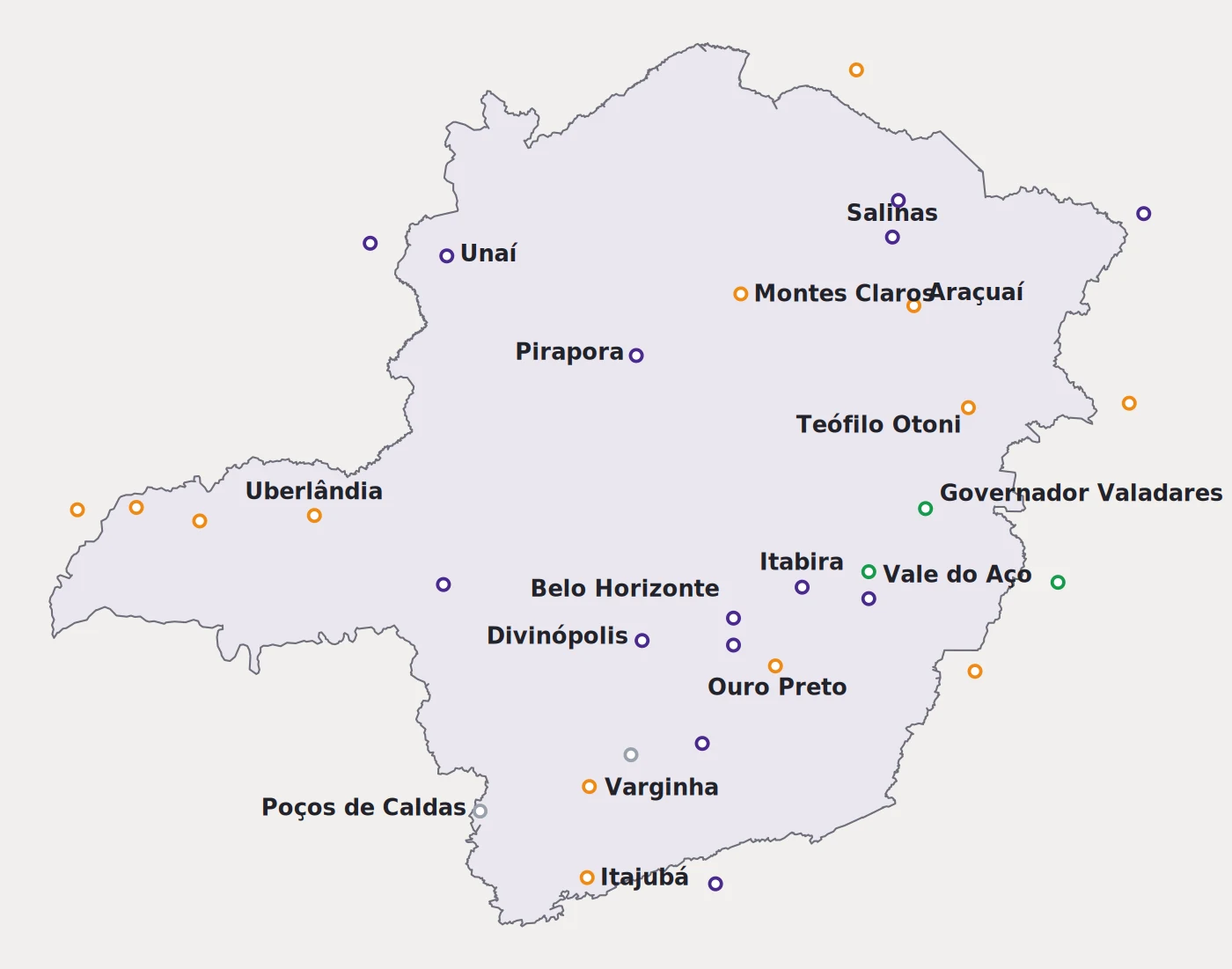Mapa animado de Minas Gerais com os 15 corredores ferroviários planejados se acendendo
